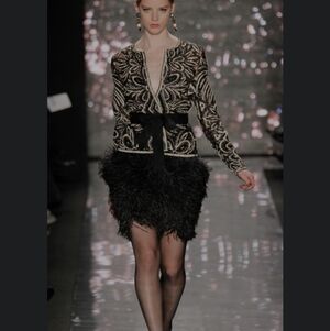 NAEEM KHAN EUC FEATHER LAYERED DEEPEST BLACK EMERALD LINED PENCIL SKIRT SIZE 12